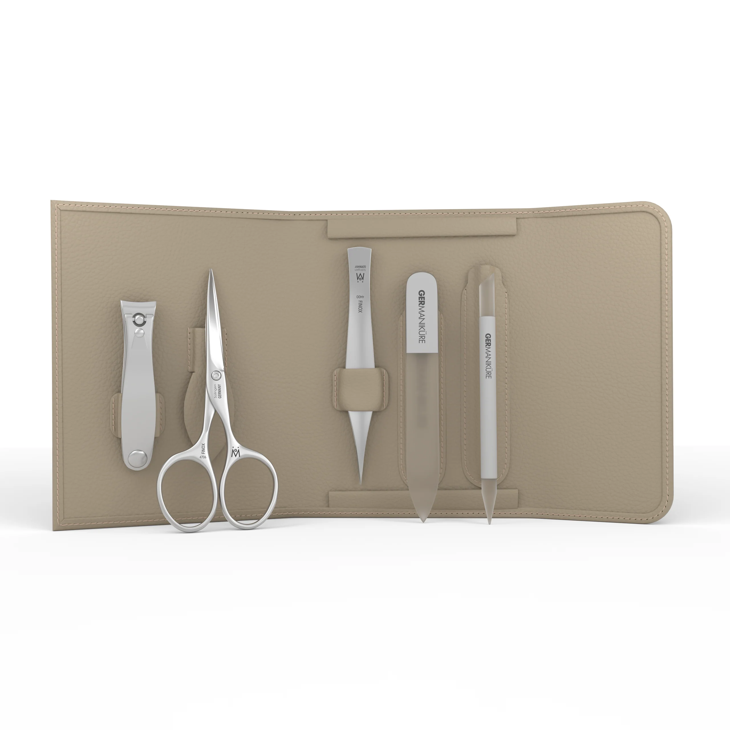 5-delars manikyr- och groomingset i magnetfodral: liten tång, mustaschsax, pincett, resefil och nagelbandspinne