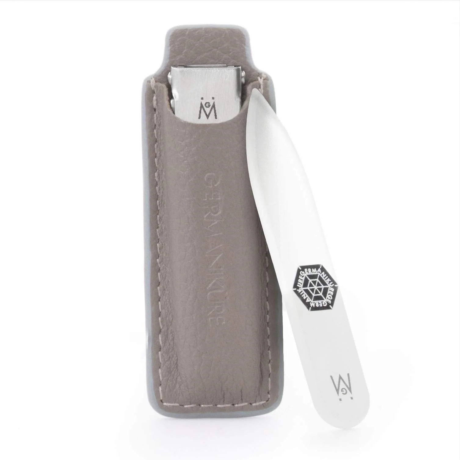 Set de 2 piezas: cortaúñas plano plegable y mini lima de uñas de cristal en estuche de piel