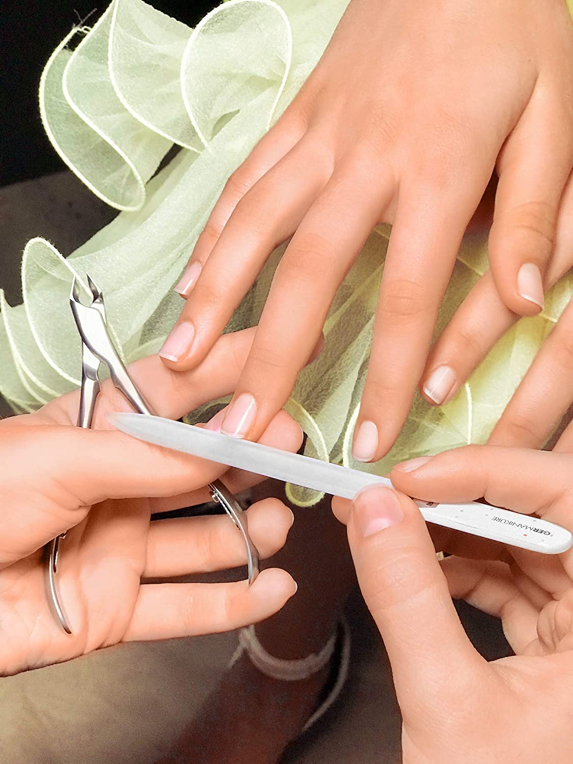 6pc Manicure Set Roll: Cuticle Nippers, Slanted Tweezers, Cuticle Pusher, Fingernail Clipper, Glass File and Stick