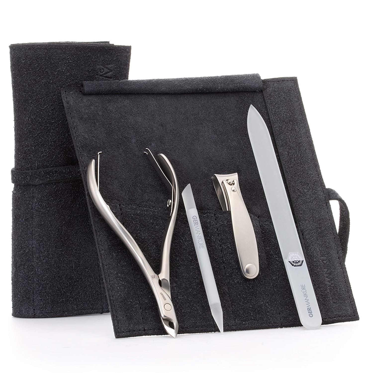 4pc Manicure Set Roll: Fingernail Clipper, Cuticle Nipper, Glass Nail File, and Glass Stick