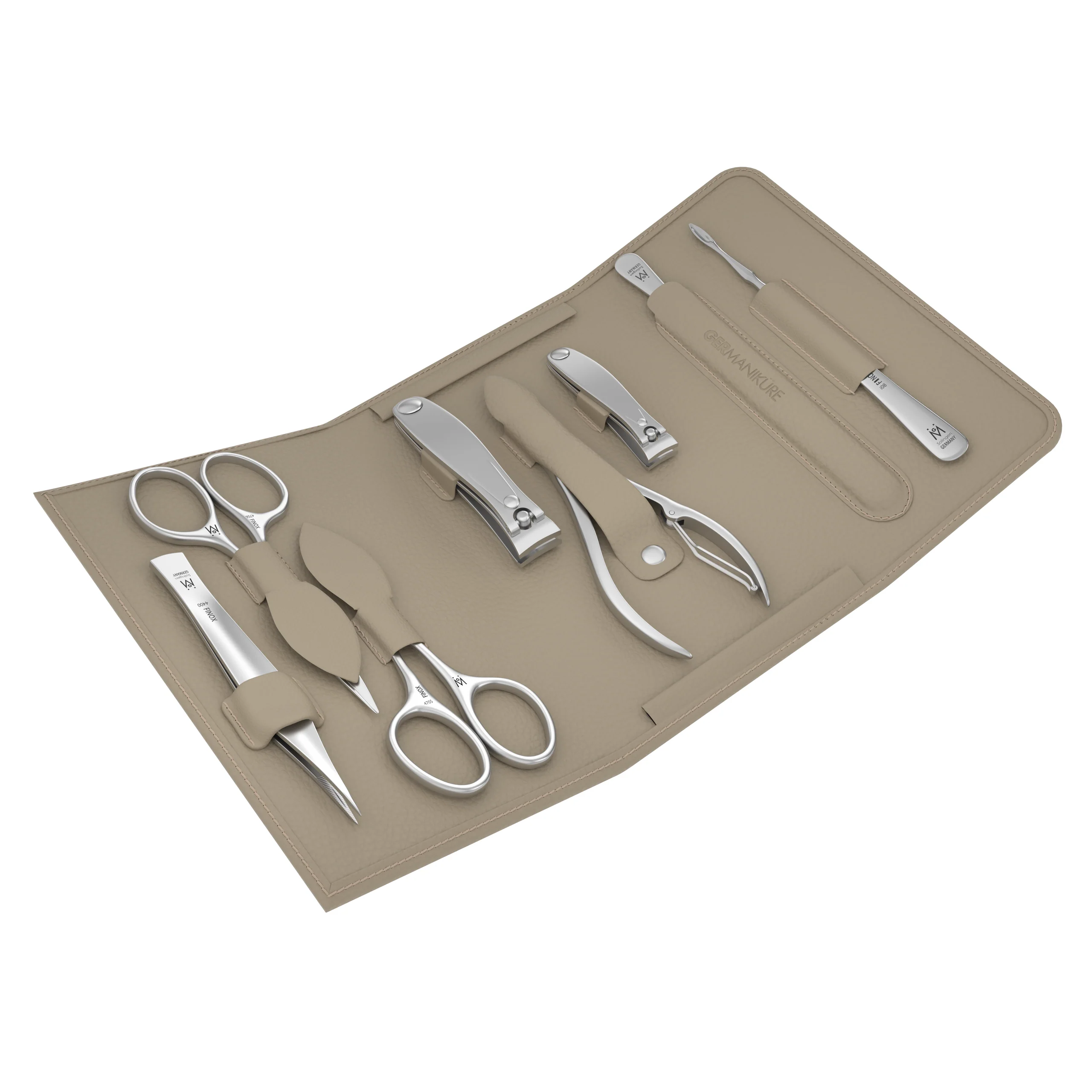 8 Piece Manicure and Grooming Set in in Magnet Case: Small and Large Clipper, Nail Nipper, Mustache Scissor, Cuticle Scissor, Nail Cleaner, Sapphire File, and Tweezer.