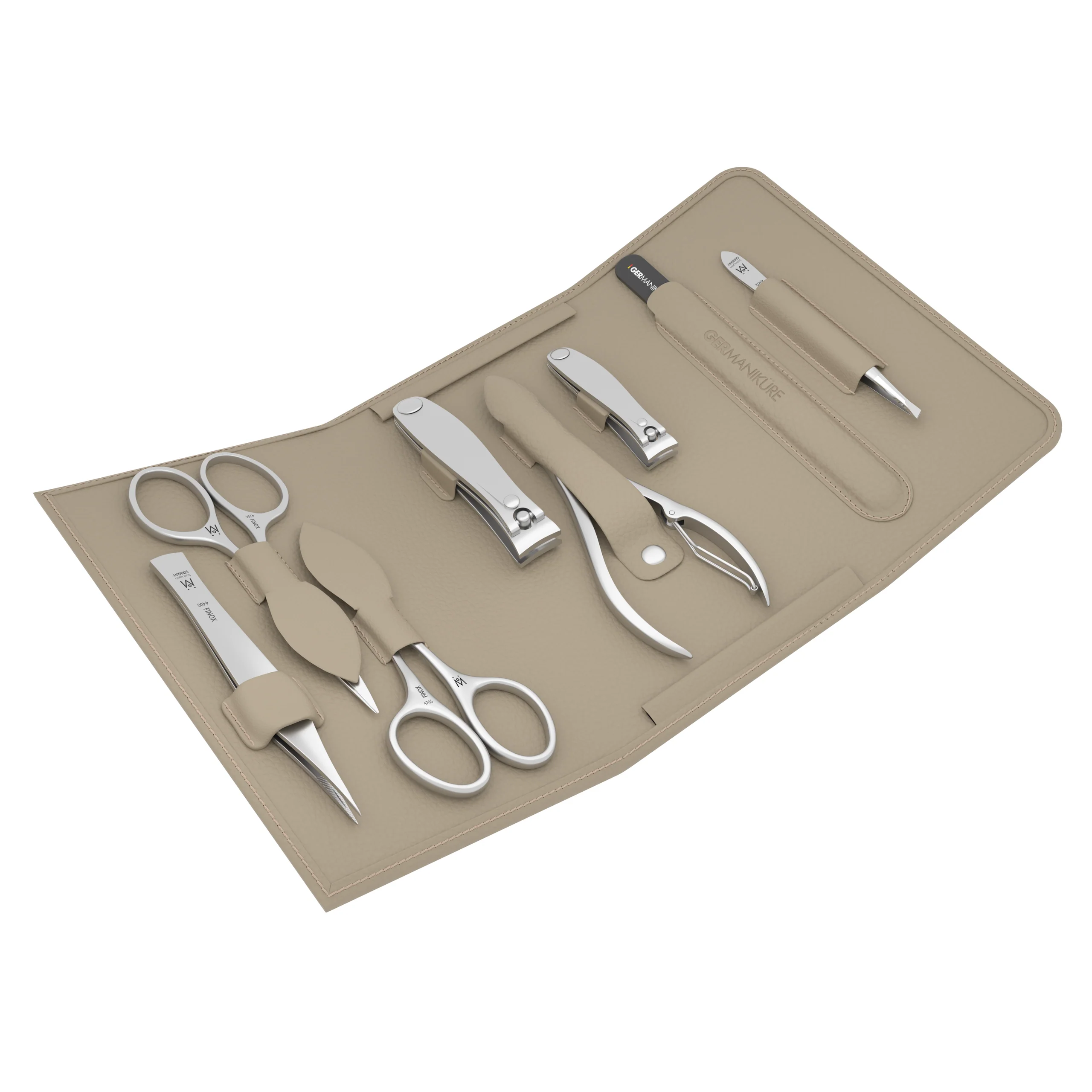 8 Piece Manicure and Grooming Set in in Magnet Case: Small and Large Clipper, Nail Nipper, Mustache Scissor, Cuticle Scissor, Travel File, Pointed Tweezer, and Slanted Tweezer.