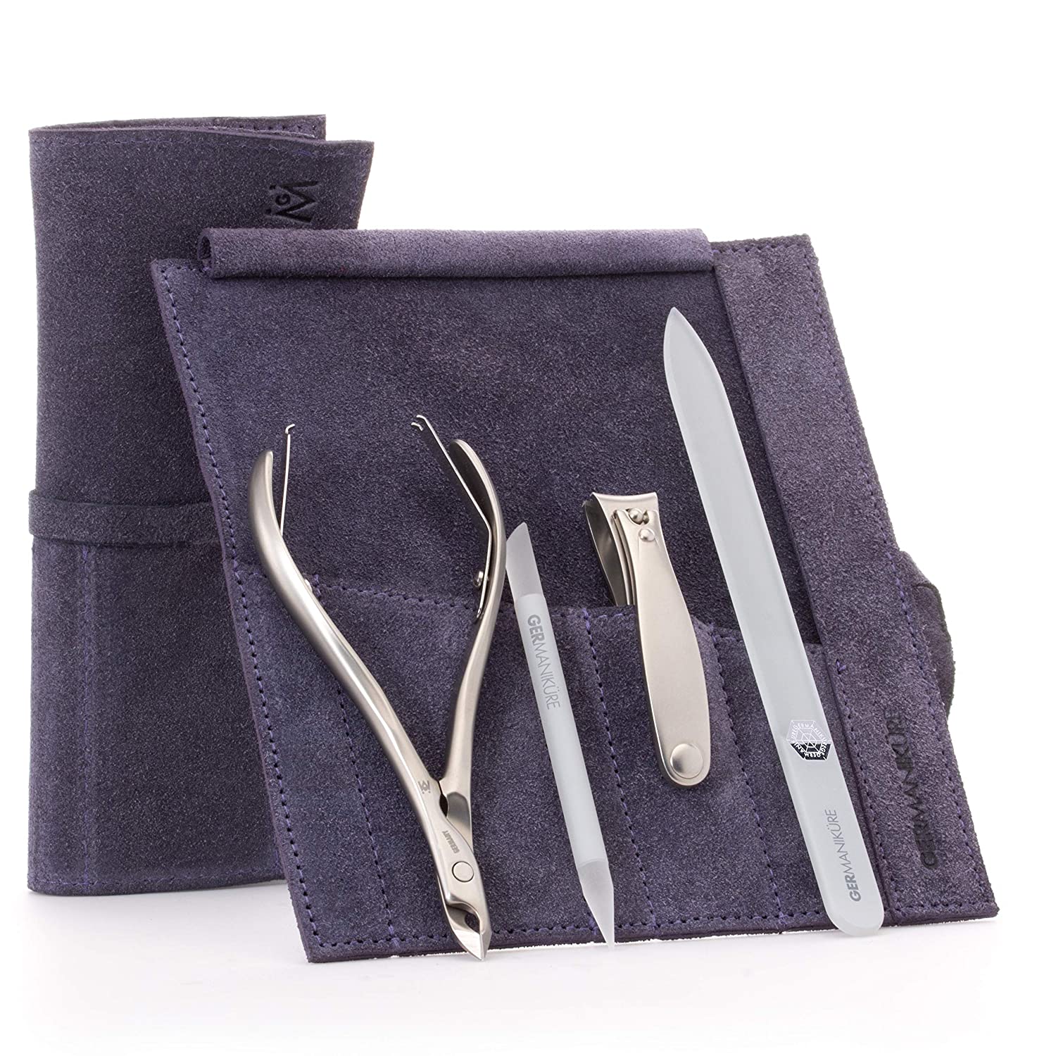4pc Manicure Set Roll: Fingernail Clipper, Cuticle Nipper, Glass Nail File, and Glass Stick