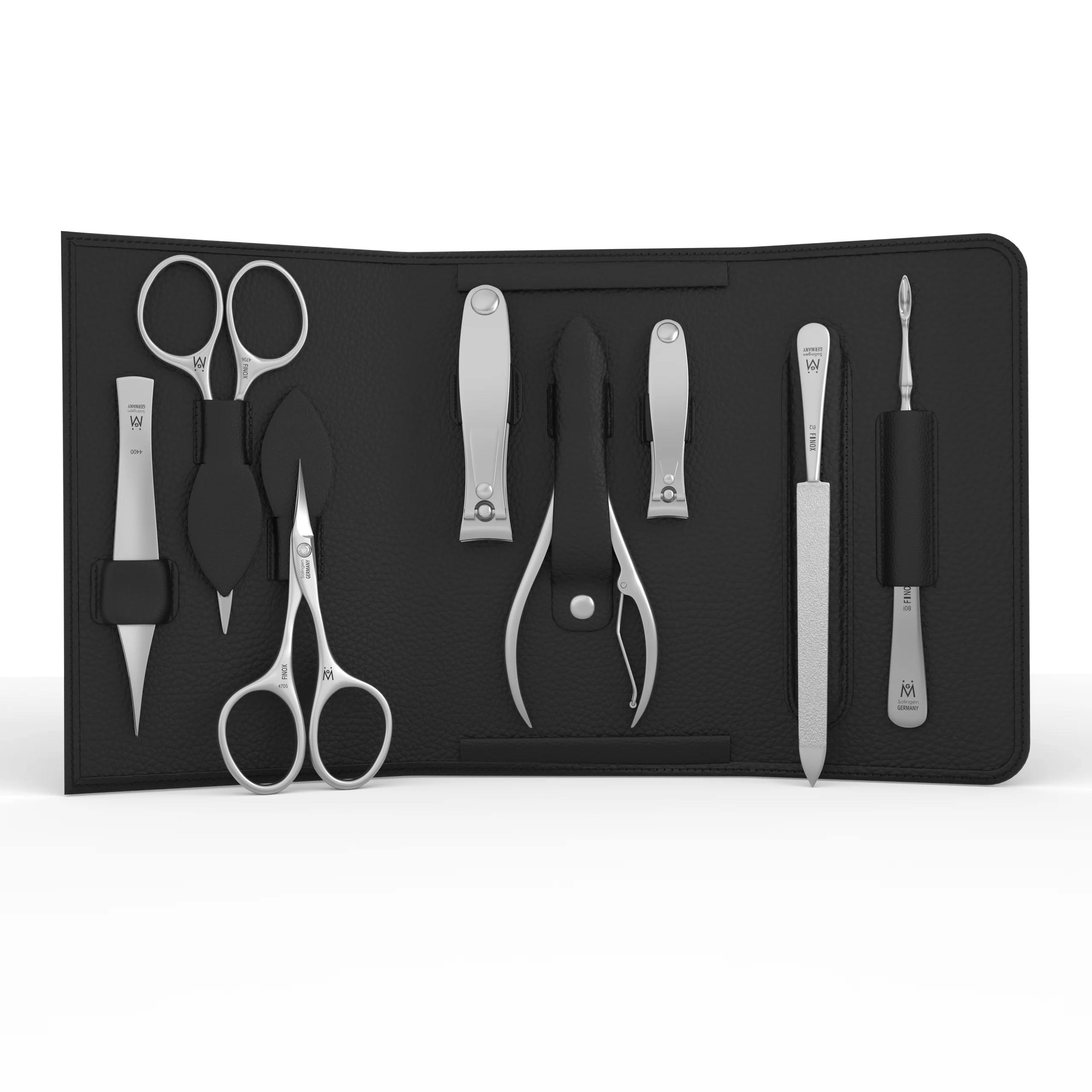 Set de manicura y aseo de 8 piezas en estuche magnético: cortaúñas pequeño y grande, alicate de uñas, tijera de bigote, tijera de cutícula, limpiador de uñas, lima de zafiro y pinza.
