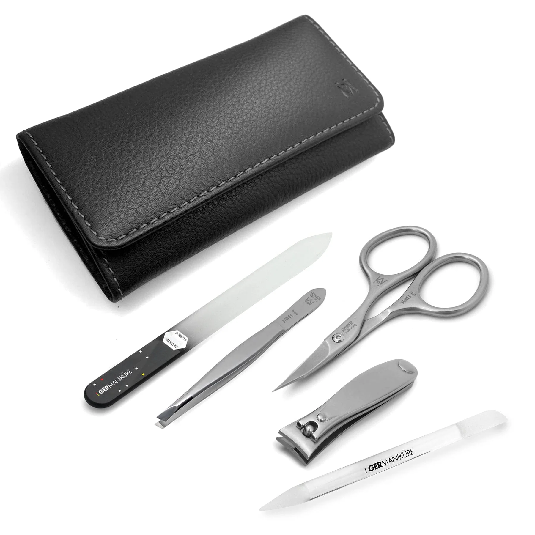 5 Piece Manicure Set in Black Leather Case: Nail Clipper, Combination Scissor, Slanted Tweezer, Glass Nail File and Cuticle Stick