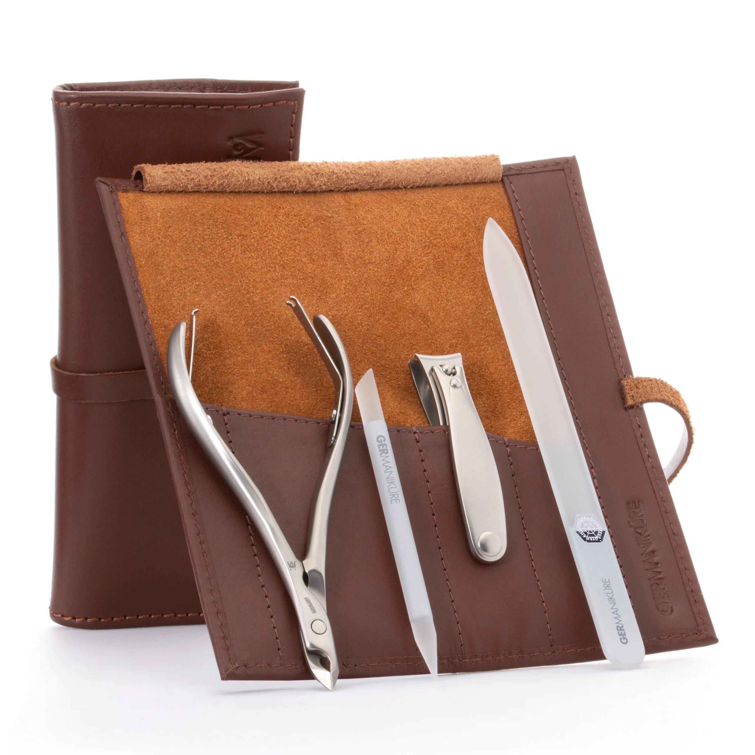 4pc Manicure Set Roll: Fingernail Clipper, Cuticle Nipper, Glass Nail File, and Glass Stick