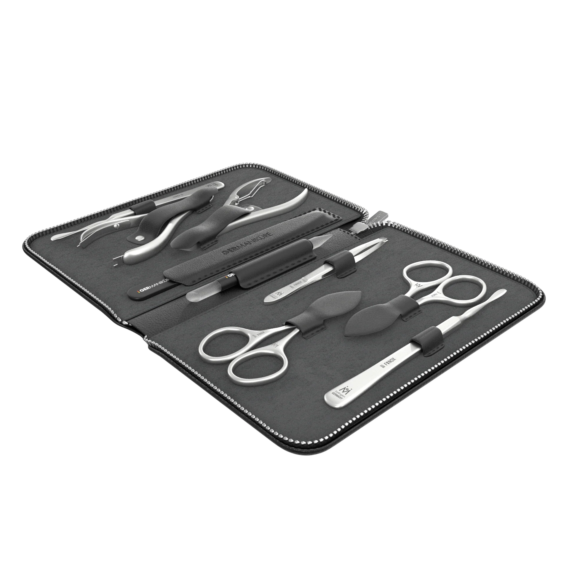 9 Piece Manicure Set in Zipper Case: 2 Scissor, 2 Nipper, Nail Cleaner, Cuticle Pusher, Glass File, Cuticle Stick, and Tweezer