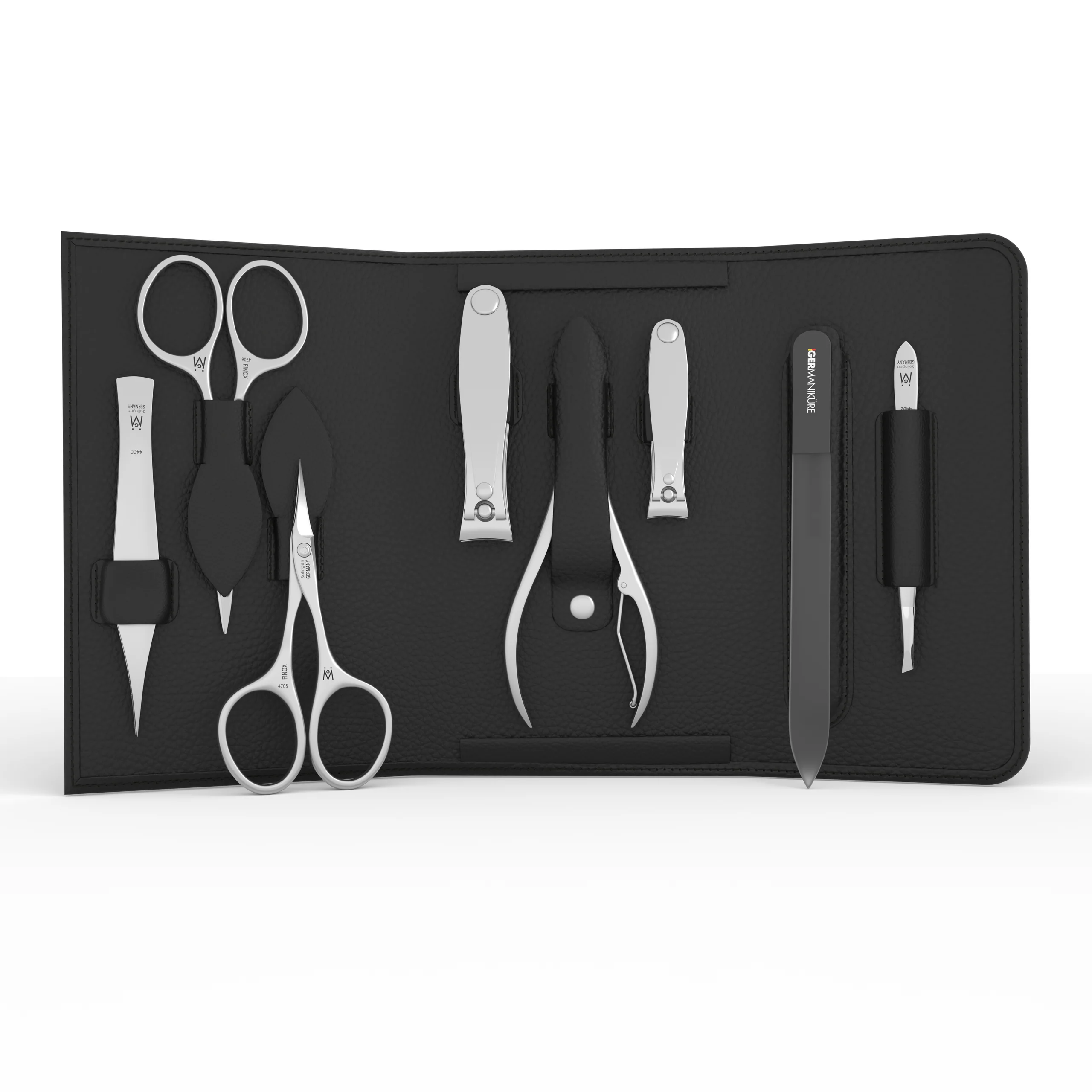 8-delt manicure- og plejesæt i magnetetui: lille og stor negleklipper, negletang, skægtrimmer-saks, neglebåndssaks, rejsefil, spids pincet og skrå pincet.