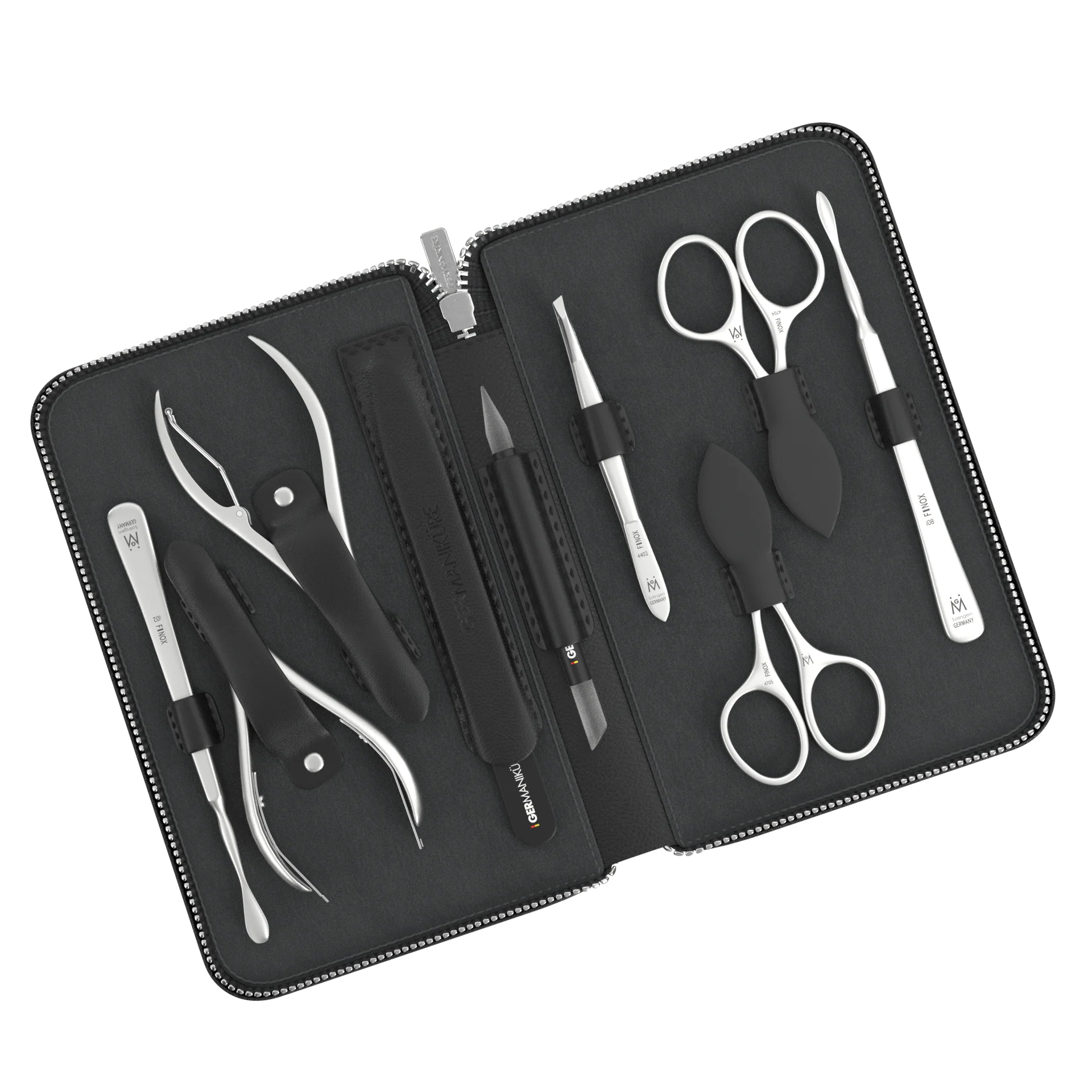 9 Piece Manicure Set in Zipper Case: 2 Scissor, 2 Nipper, Nail Cleaner, Cuticle Pusher, Glass File, Cuticle Stick, and Tweezer