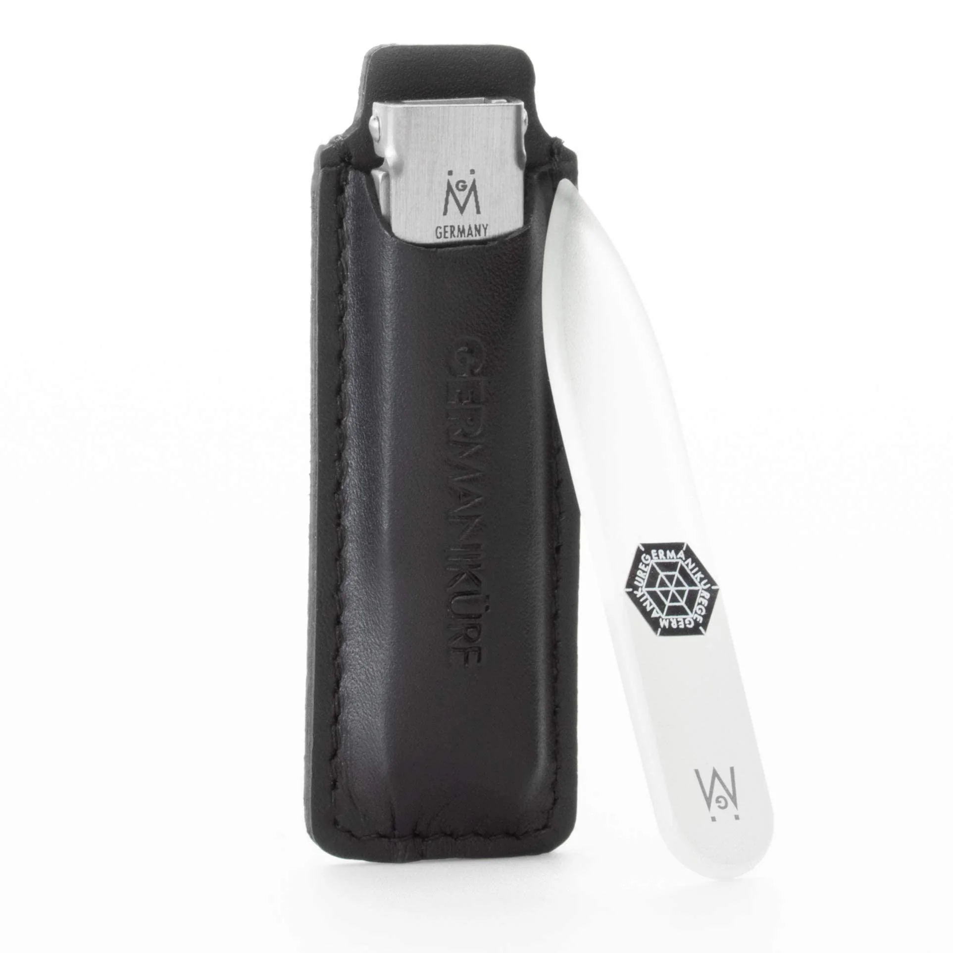 2 Piece Set: Flat Foldable Nail Clipper and Mini Glass Nail File in Leather Case