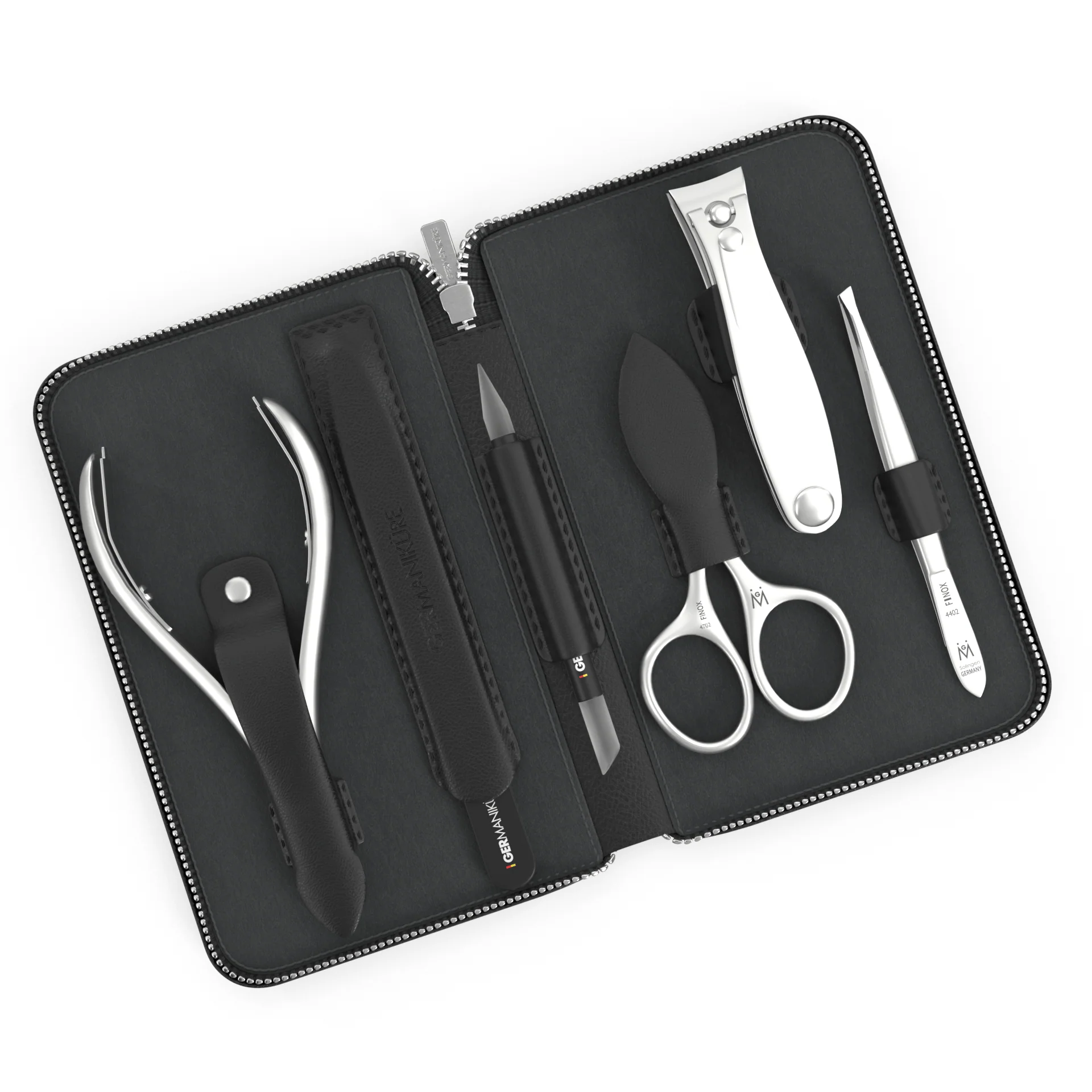 6 Piece Manicure Set in Zipper Case: Clipper, Combination Scissors, Cuticle Nipper, Glass File, Cuticle Stick, and Tweezer