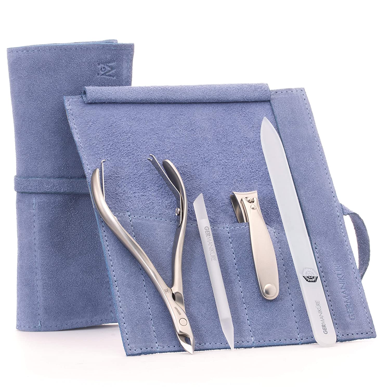 4pc Manicure Set Roll: Fingernail Clipper, Cuticle Nipper, Glass Nail File, and Glass Stick