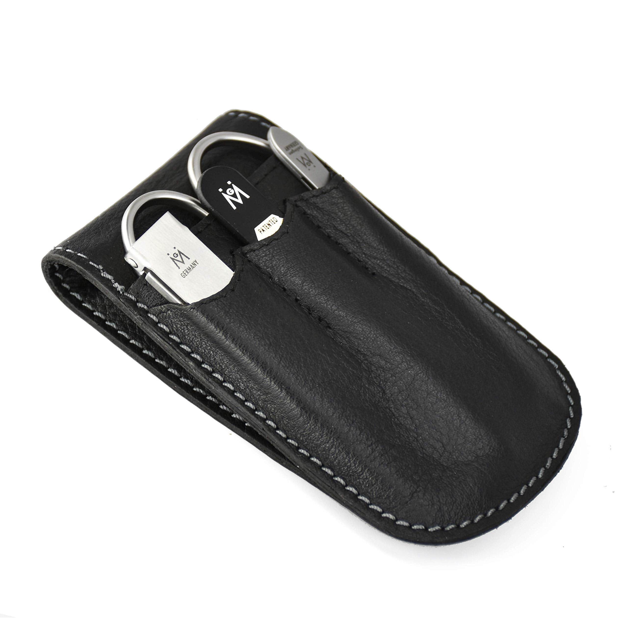 4 Piece Manicure Set in Black Leather Case: Folding Nail Clipper, Combination Scissor, Tweezer, and Travel Glass Nail File