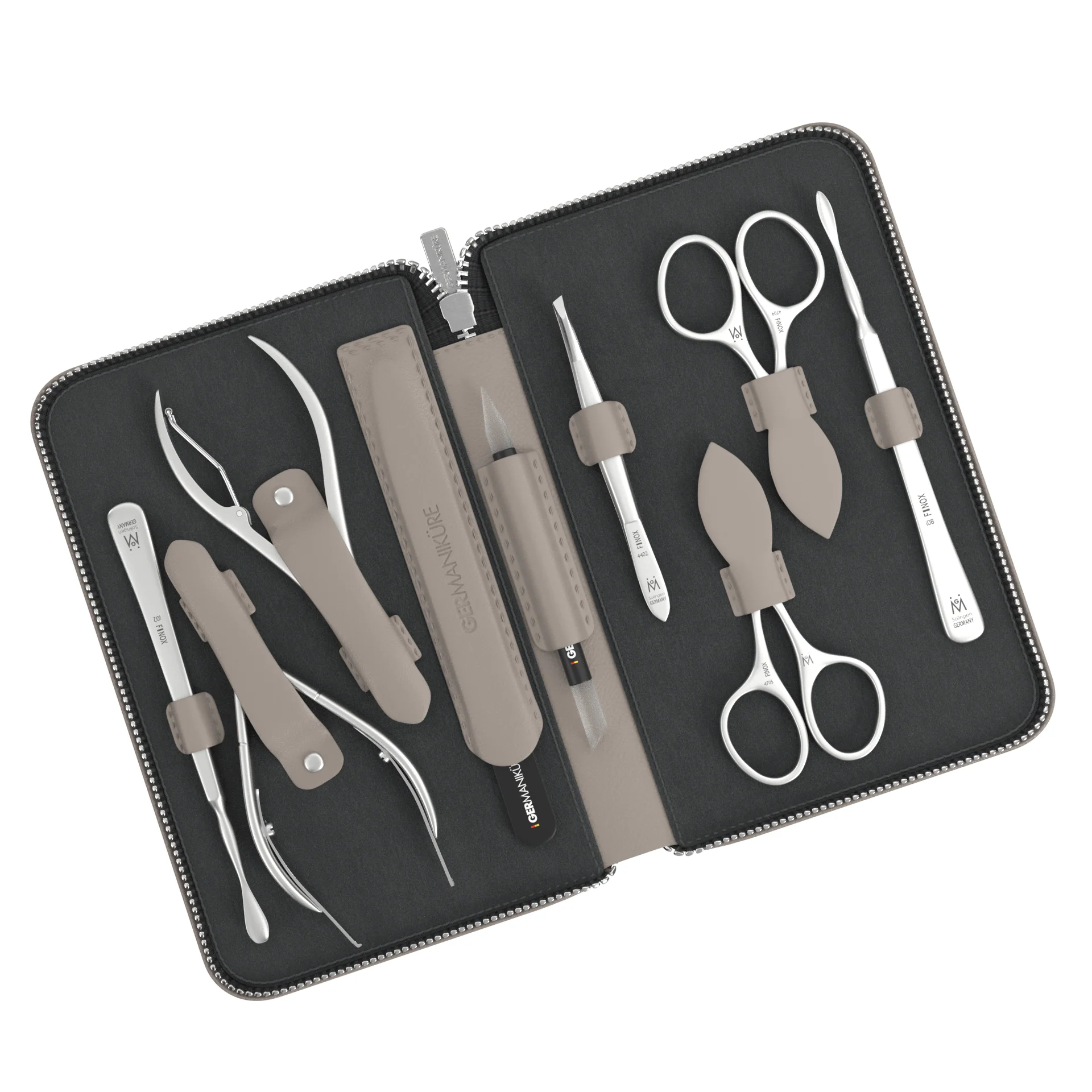 9 Piece Manicure Set in Zipper Case: 2 Scissor, 2 Nipper, Nail Cleaner, Cuticle Pusher, Glass File, Cuticle Stick, and Tweezer