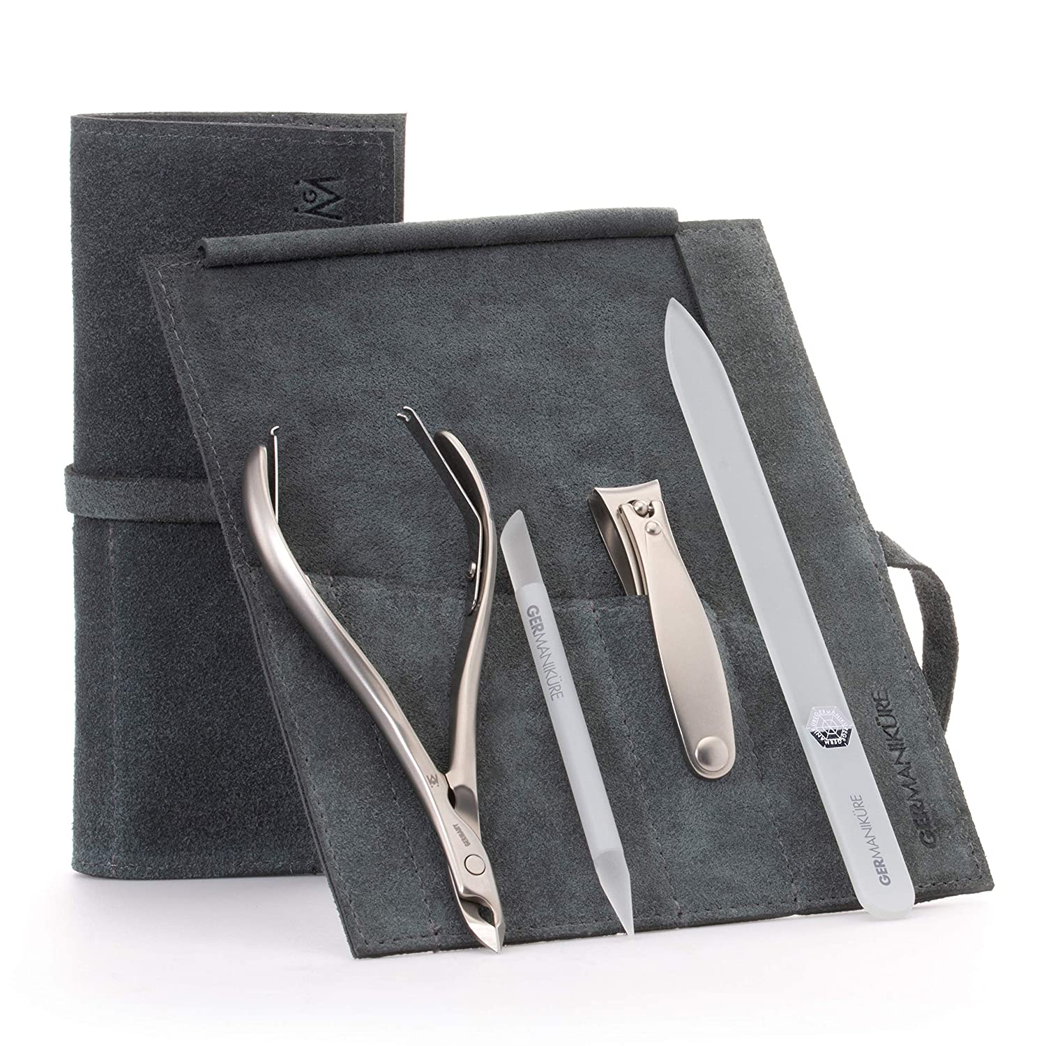 4pc Manicure Set Roll: Fingernail Clipper, Cuticle Nipper, Glass Nail File, and Glass Stick