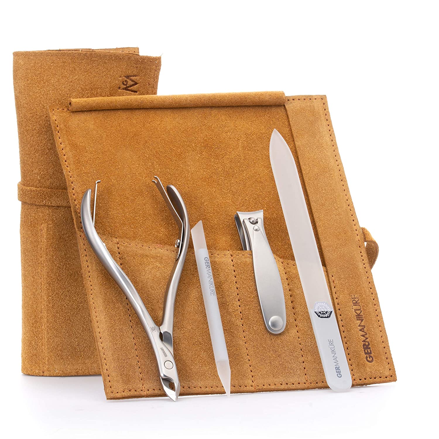 4pc Manicure Set Roll: Fingernail Clipper, Cuticle Nipper, Glass Nail File, and Glass Stick