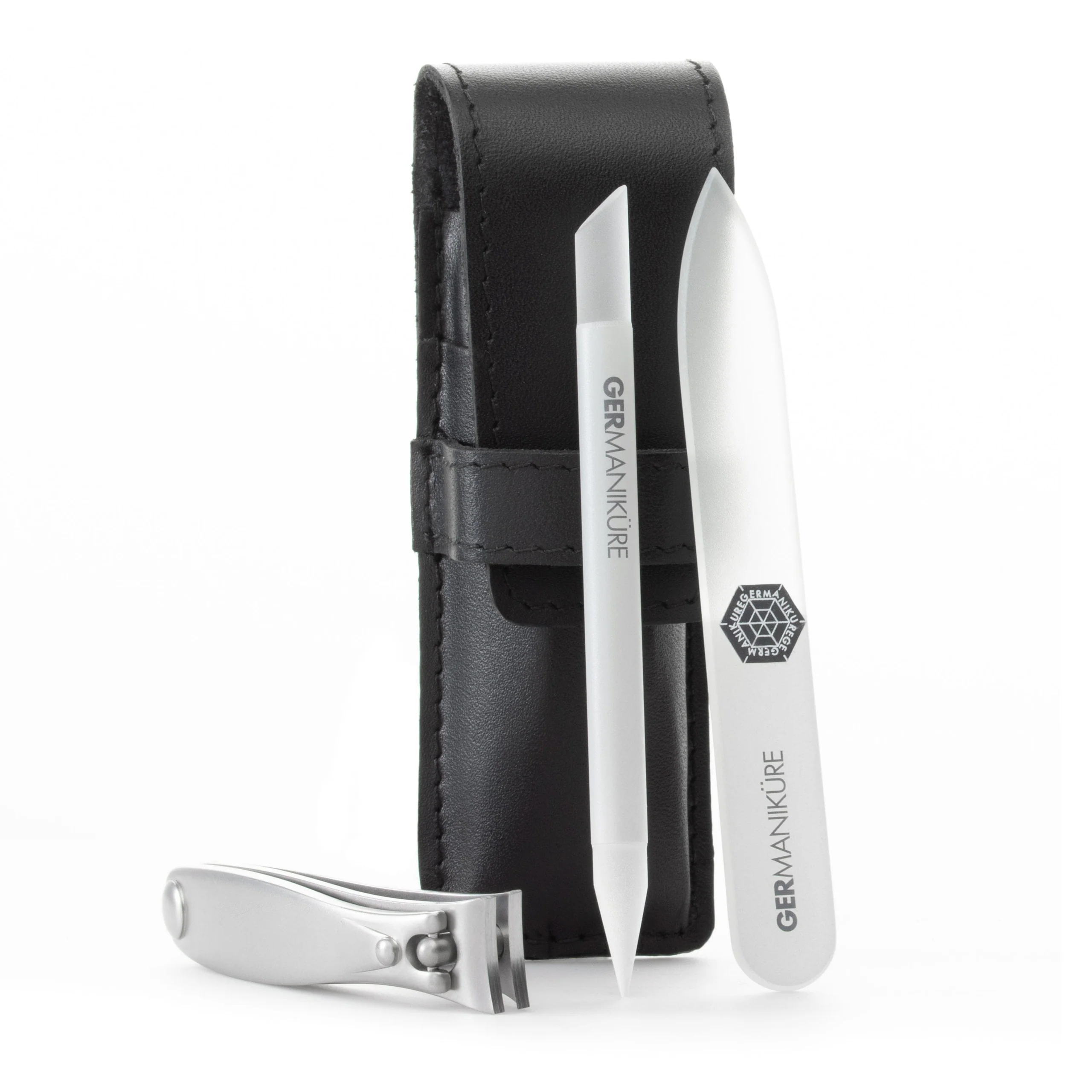 3 Piece Set: Nail Clipper, Travel Glass Nail File, and Cuticle Stick