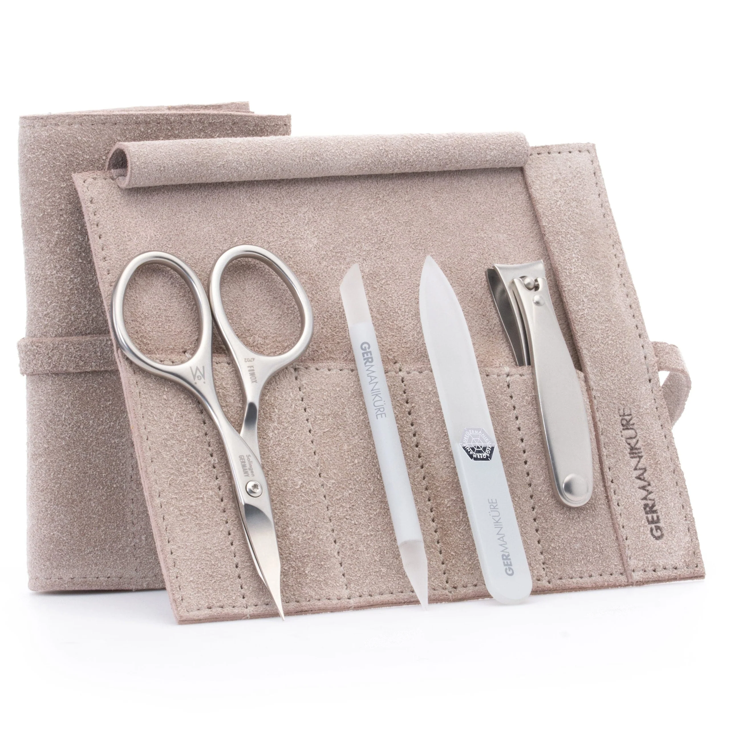 4 Piece Manicure Set: Nail Clipper, Combination Scissor, Glass Stick, and Small Glass Nail File