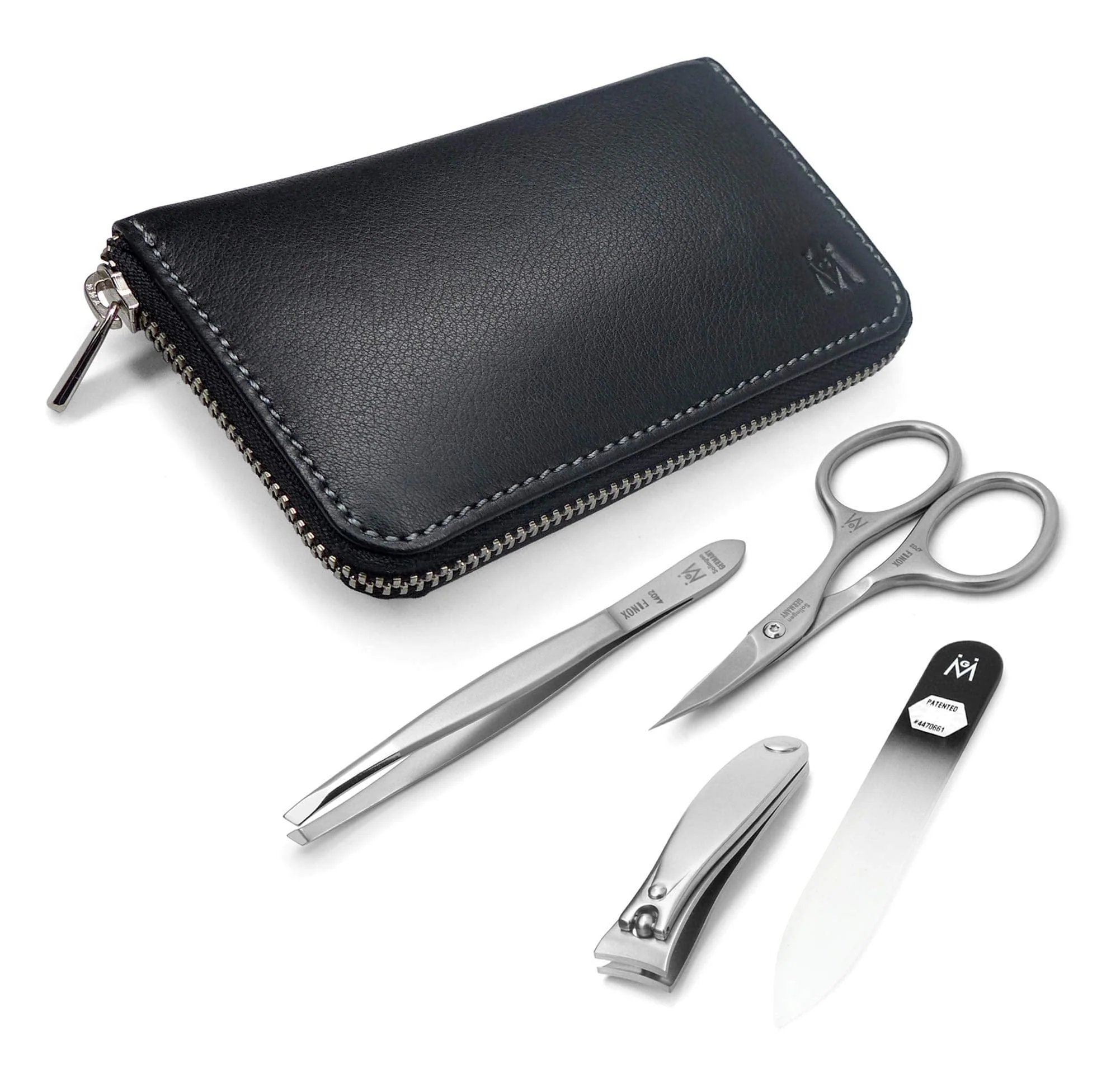 4 Piece Manicure Set: Nail Clipper, Cuticle Scissor, Tweezer, and Glass Nail File