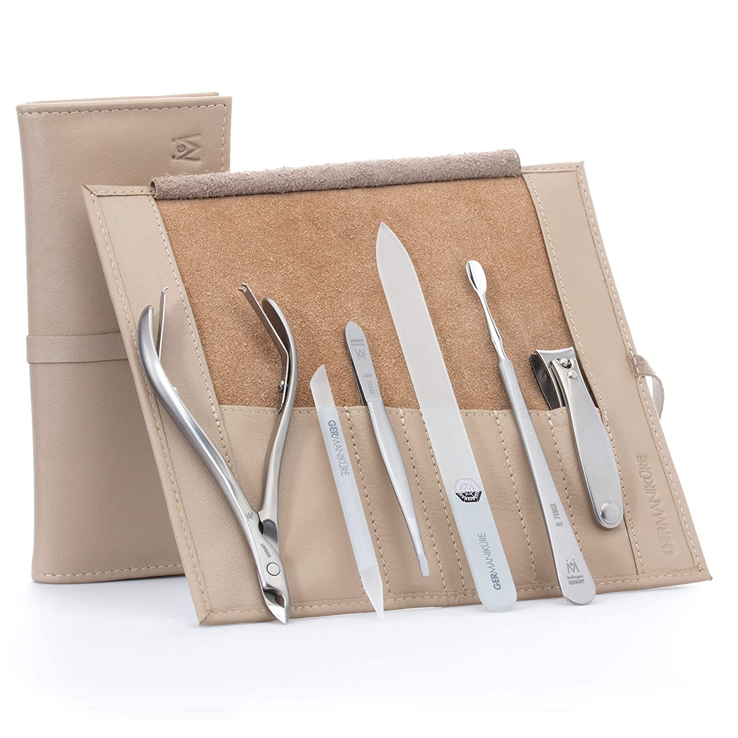 6pc Manicure Set Roll: Cuticle Nippers, Slanted Tweezers, Cuticle Pusher, Fingernail Clipper, Glass File and Stick