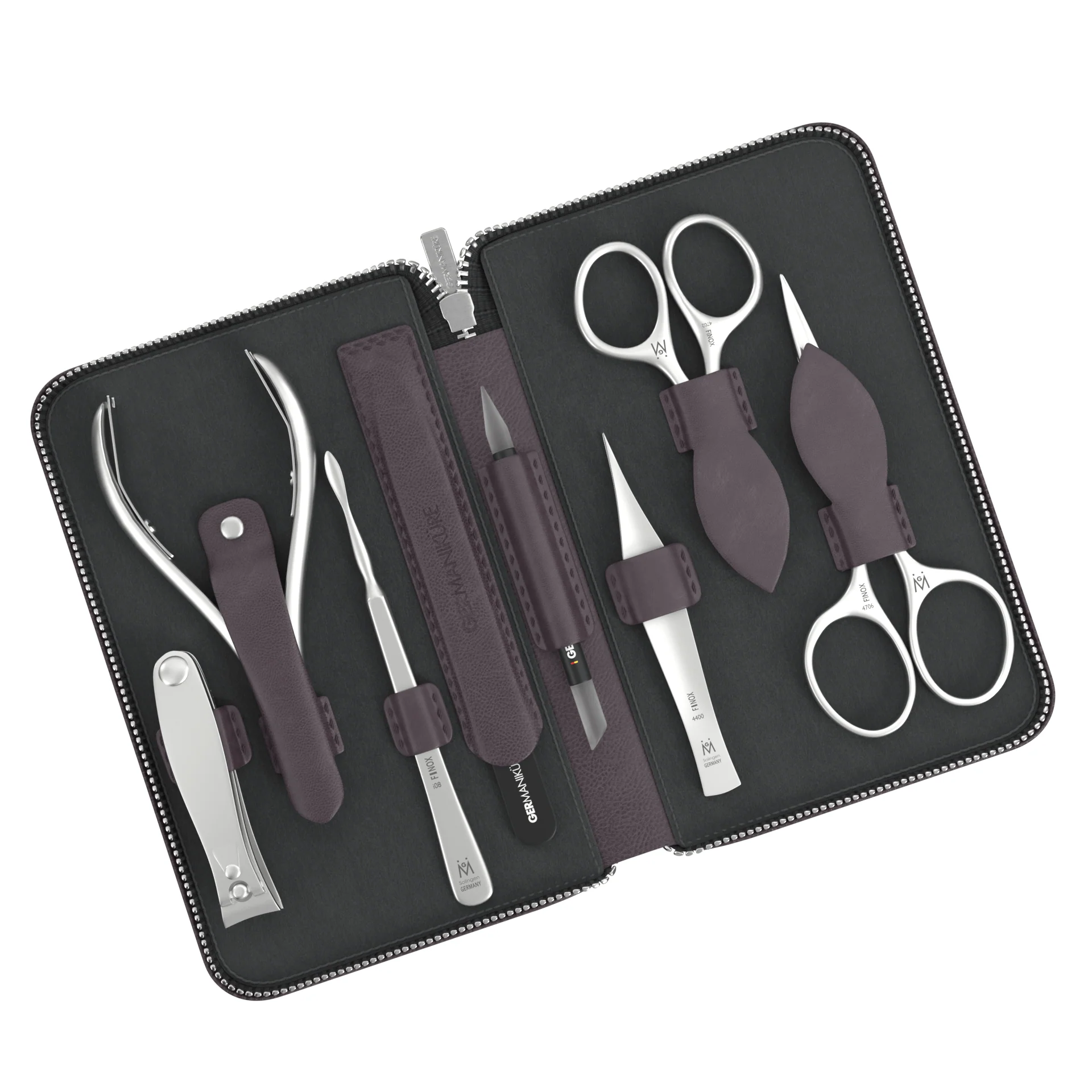 Kit de manucure et de soins 8 pièces en étui à fermeture éclair : 2 ciseaux, coupe-ongles, pince, cure-ongles, lime en verre, repousse-cuticules et pince à épiler