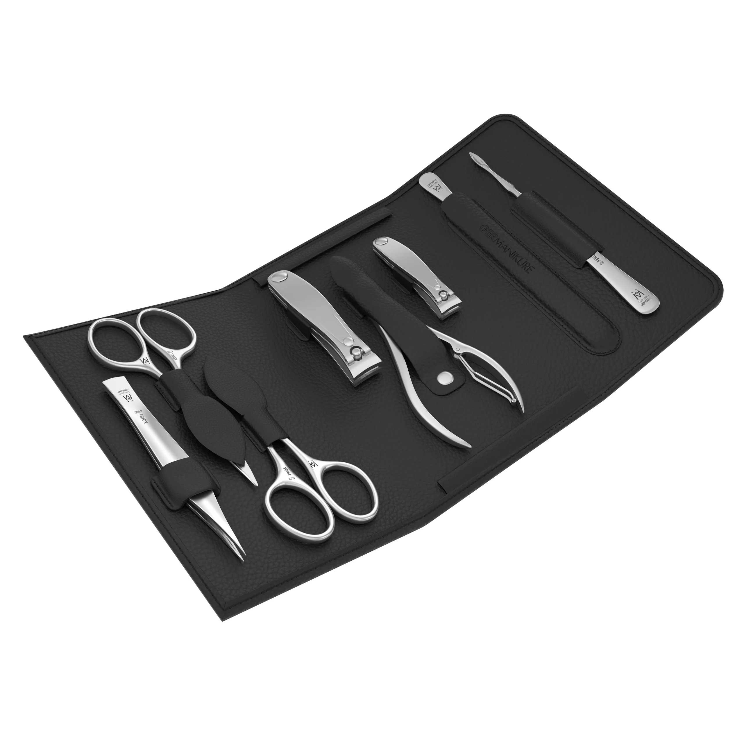 Set de manicura y aseo de 8 piezas en estuche magnético: cortaúñas pequeño y grande, alicate de uñas, tijera de bigote, tijera de cutícula, limpiador de uñas, lima de zafiro y pinza.