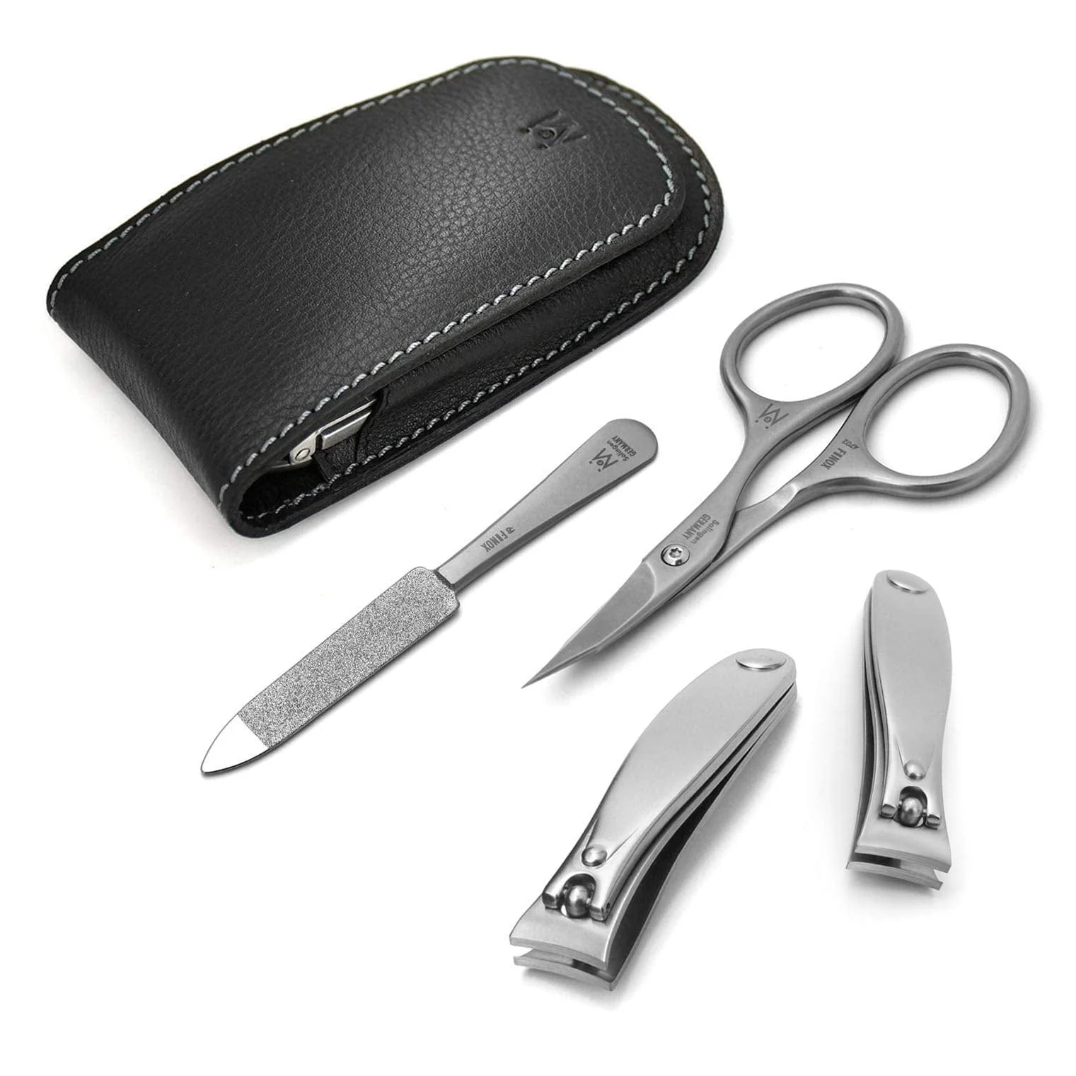 4 Piece Manicure Set in Black Leather Case: 2 Nail Clippers, Tower Point Scissor, and Sapphire Nail File
