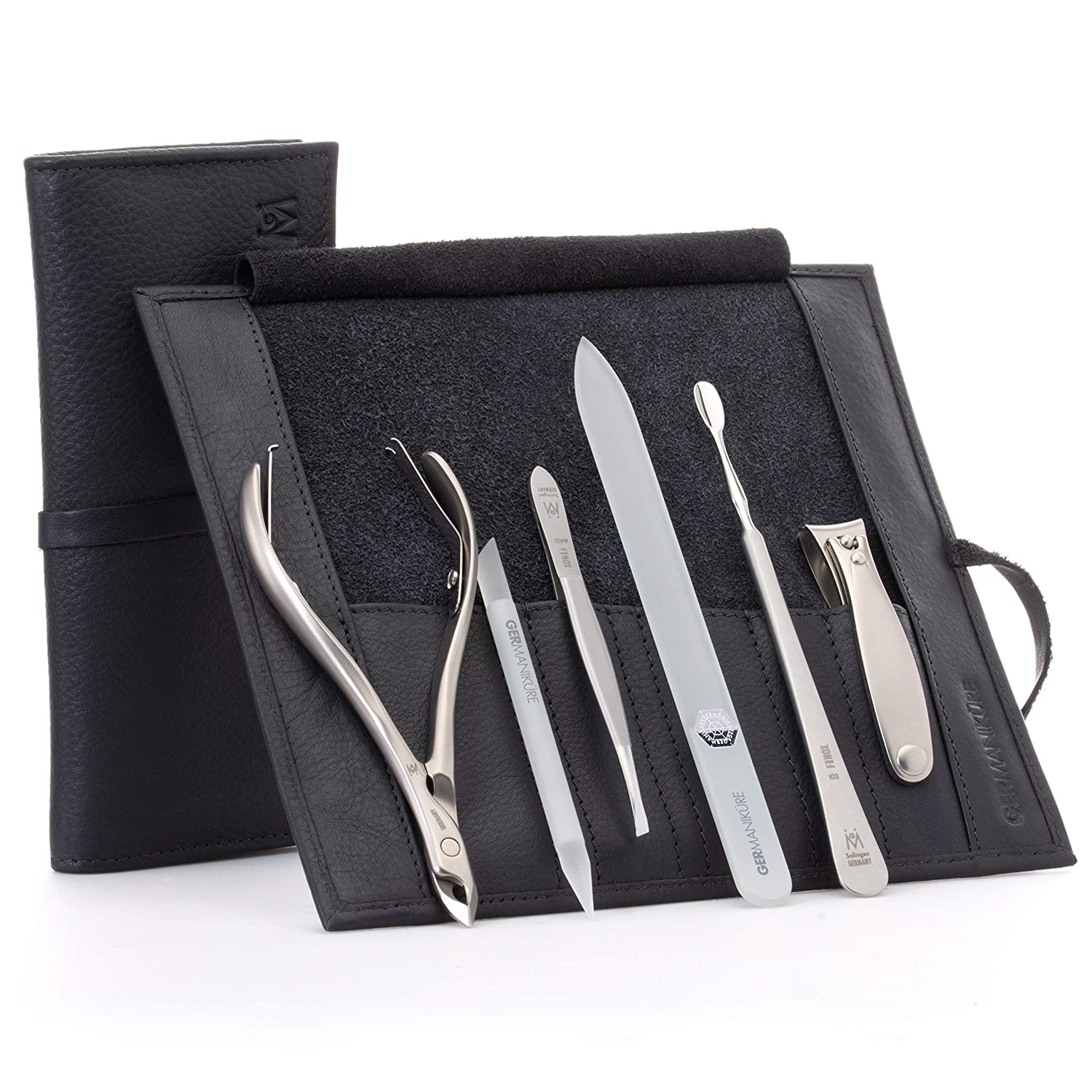 6pc Manicure Set Roll: Cuticle Nippers, Slanted Tweezers, Cuticle Pusher, Fingernail Clipper, Glass File and Stick