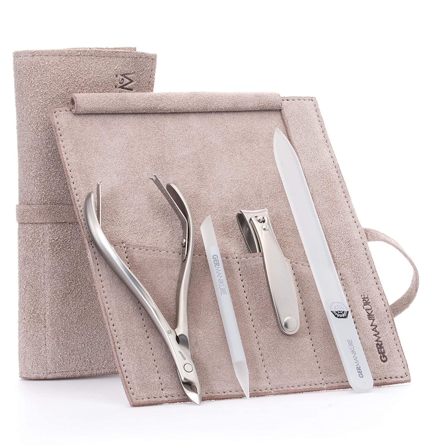 4pc Manicure Set Roll: Fingernail Clipper, Cuticle Nipper, Glass Nail File, and Glass Stick