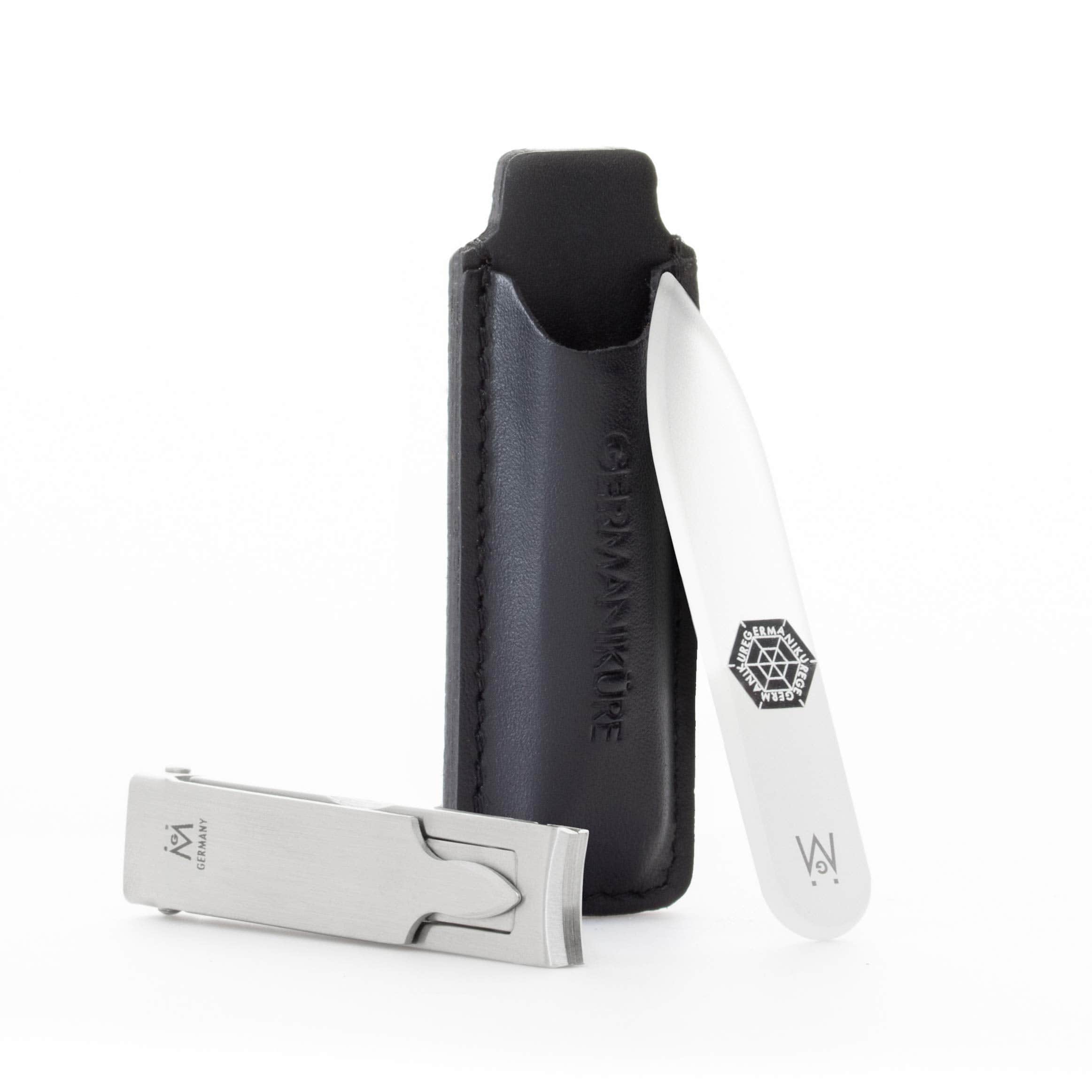 2 Piece Set: Flat Foldable Nail Clipper and Mini Glass Nail File in Leather Case