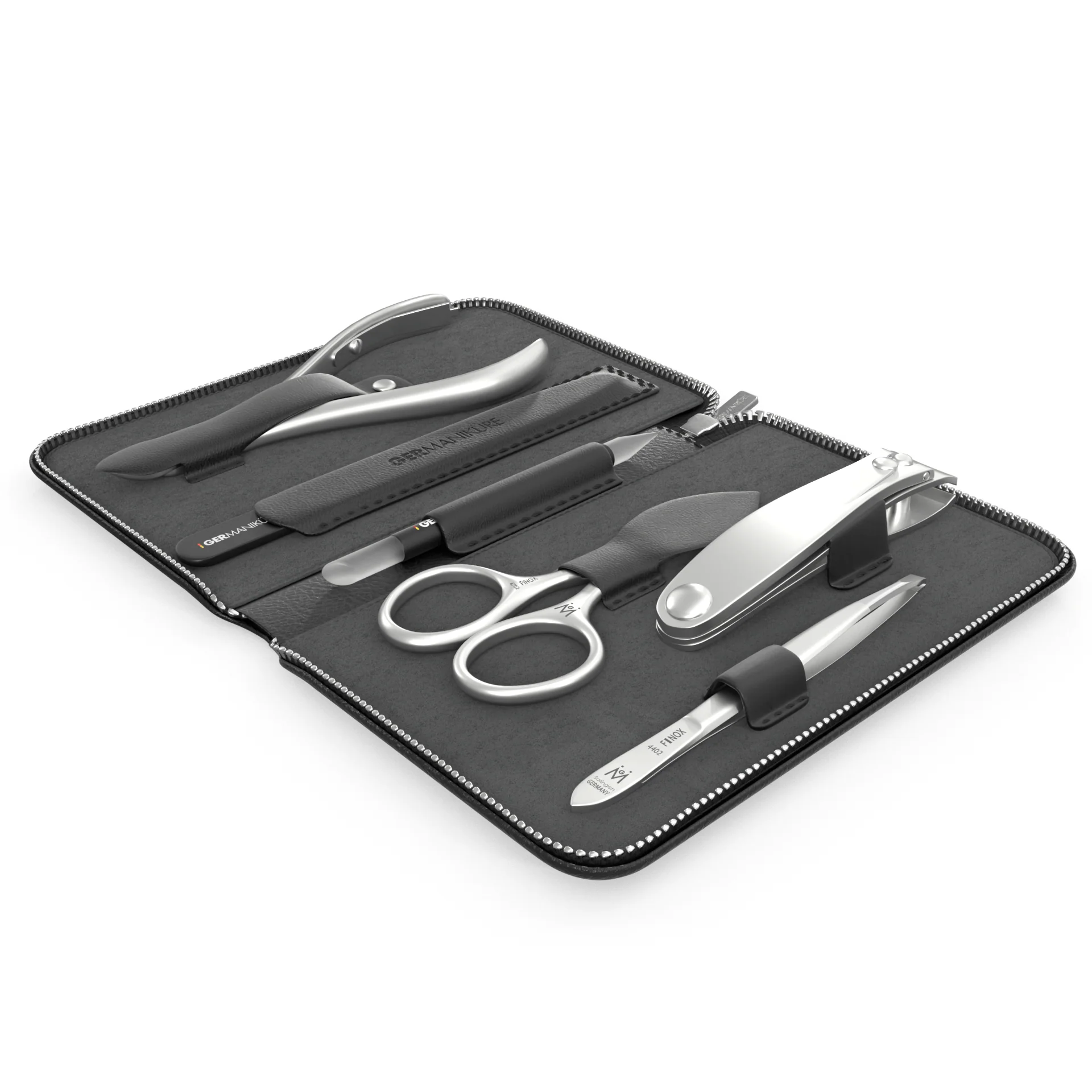 6 Piece Manicure Set in Zipper Case: Clipper, Combination Scissors, Cuticle Nipper, Glass File, Cuticle Stick, and Tweezer