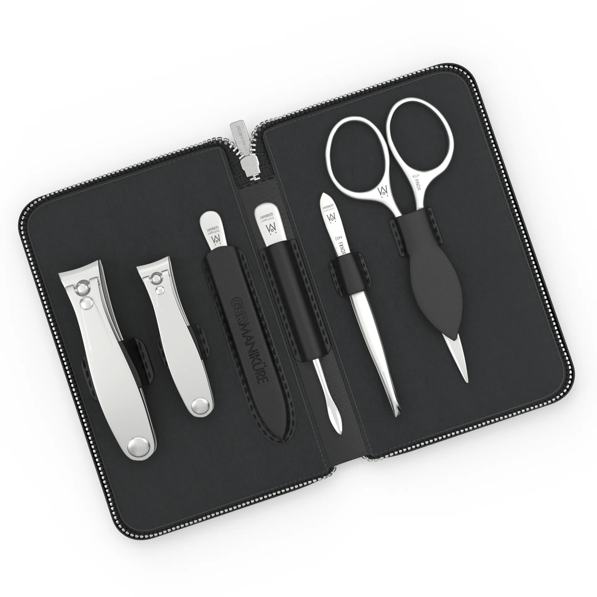 6 Piece Manicure and Grooming Set in Zipper Case: 2 Clipper, Mustache Scissors, Sapphire File, Nail Cleaner, and Tweezer
