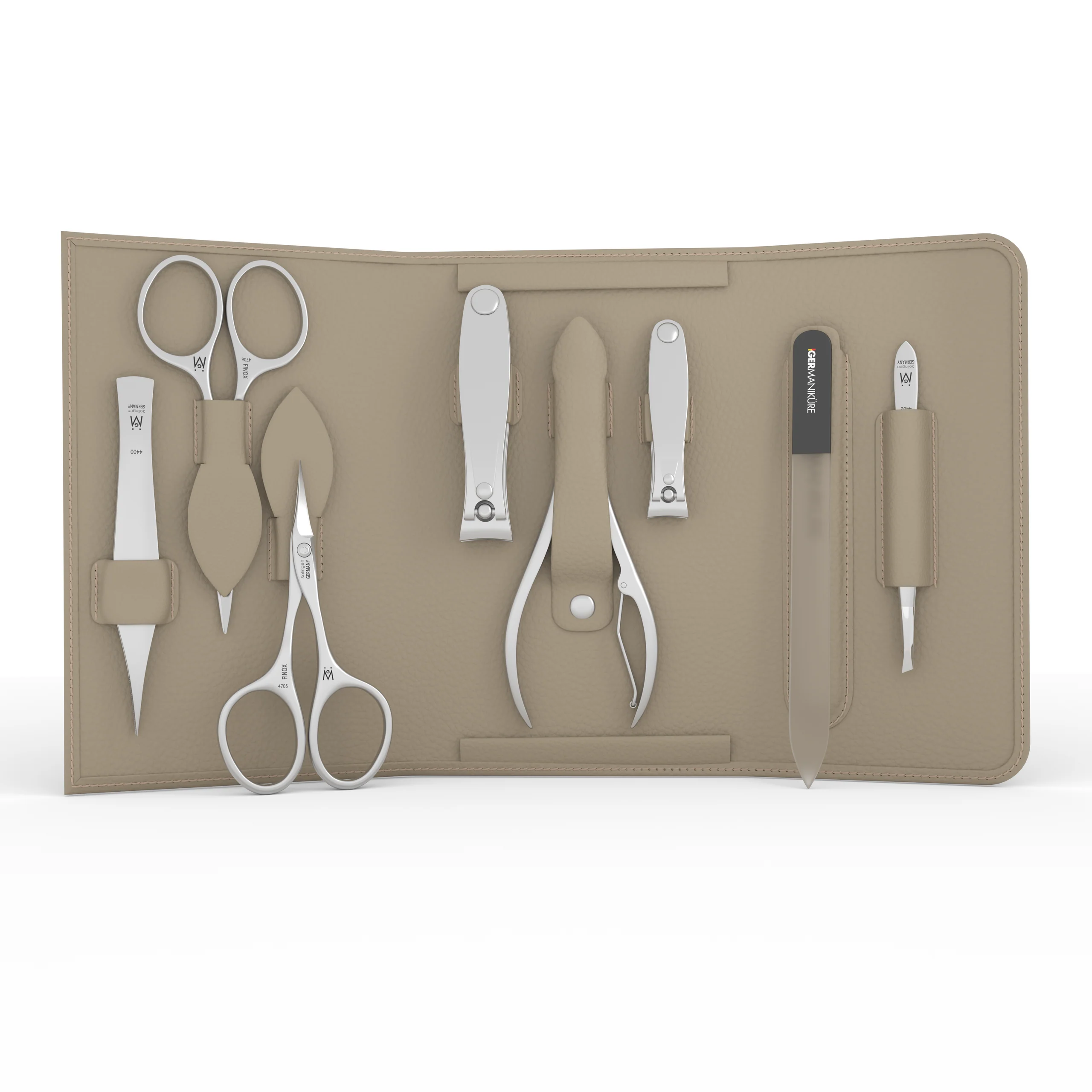 8 Piece Manicure and Grooming Set in in Magnet Case: Small and Large Clipper, Nail Nipper, Mustache Scissor, Cuticle Scissor, Travel File, Pointed Tweezer, and Slanted Tweezer.