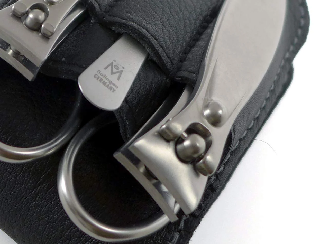 4 Piece Manicure Set in Black Leather Case: 2 Nail Clippers, Tower Point Scissor, and Sapphire Nail File
