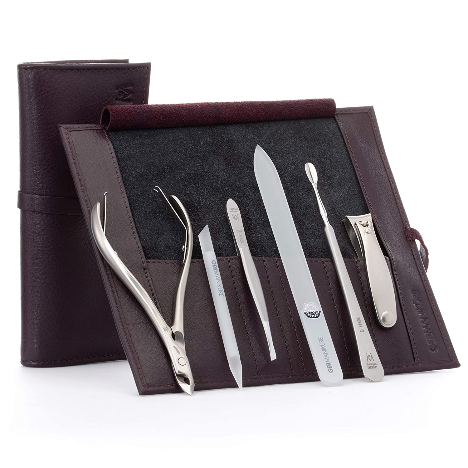 6pc Manicure Set Roll: Cuticle Nippers, Slanted Tweezers, Cuticle Pusher, Fingernail Clipper, Glass File and Stick