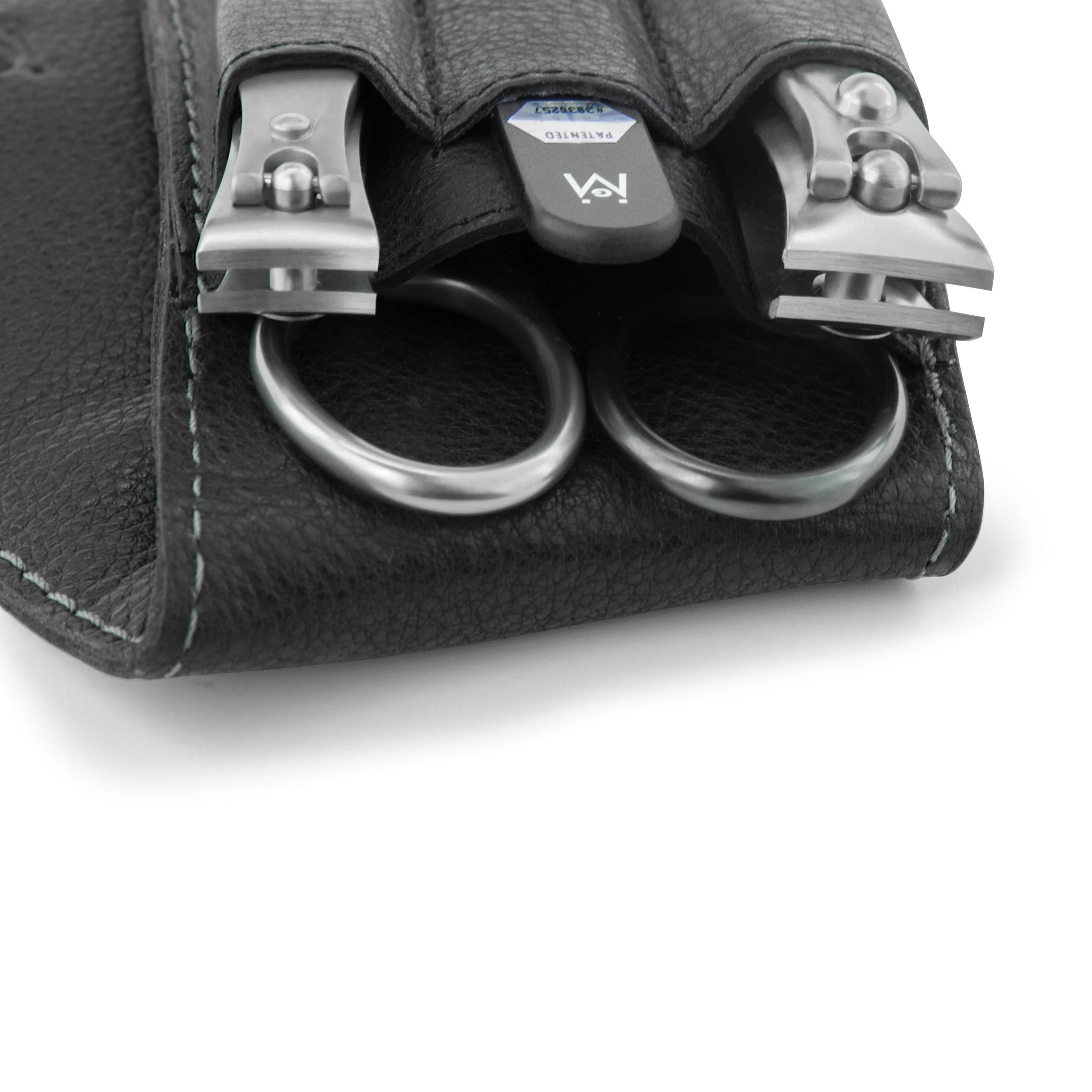 4 Piece Manicure Set in Black Leather Case: 2 Nail Clippers, Self Sharpening Combination Scissor, and Travel Glass Nail File