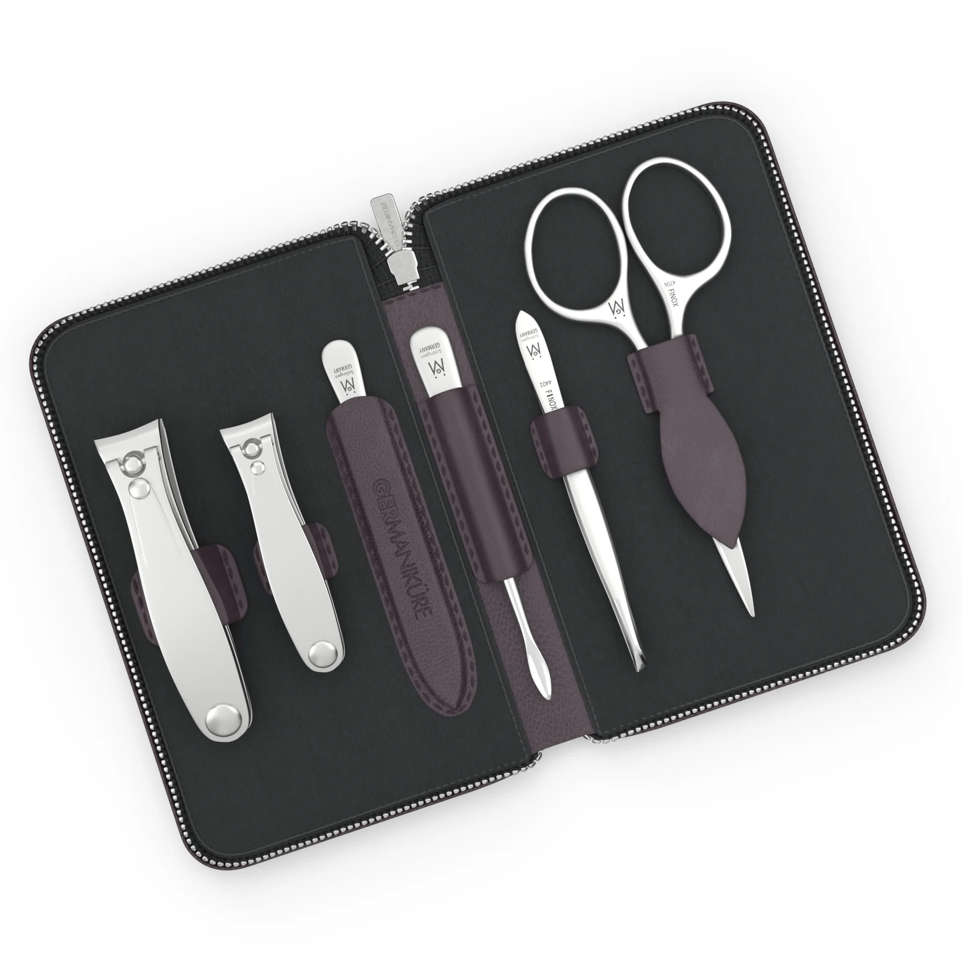 6 Piece Manicure and Grooming Set in Zipper Case: 2 Clipper, Mustache Scissors, Sapphire File, Nail Cleaner, and Tweezer