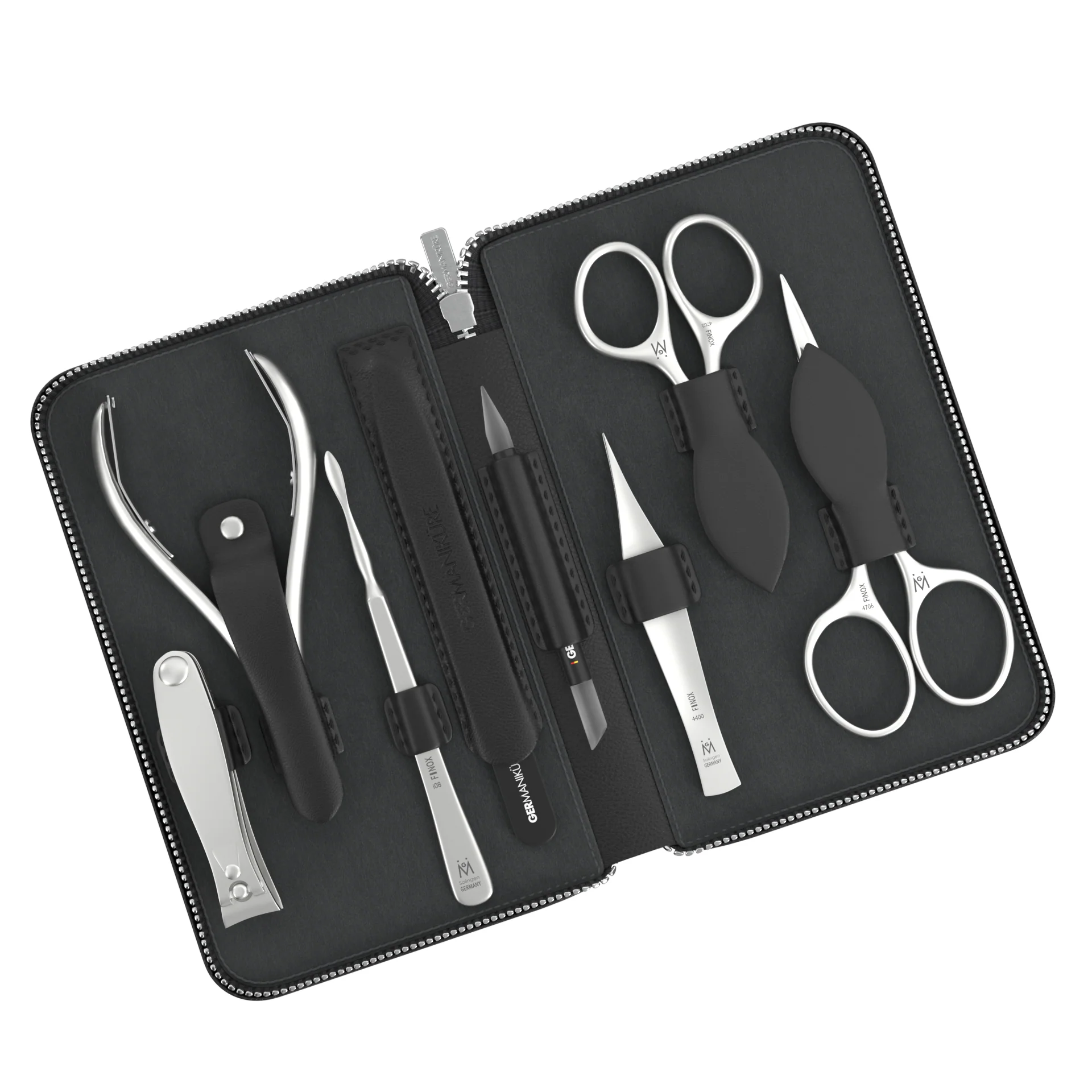 Kit de manucure et de soins 8 pièces en étui à fermeture éclair : 2 ciseaux, coupe-ongles, pince, cure-ongles, lime en verre, repousse-cuticules et pince à épiler