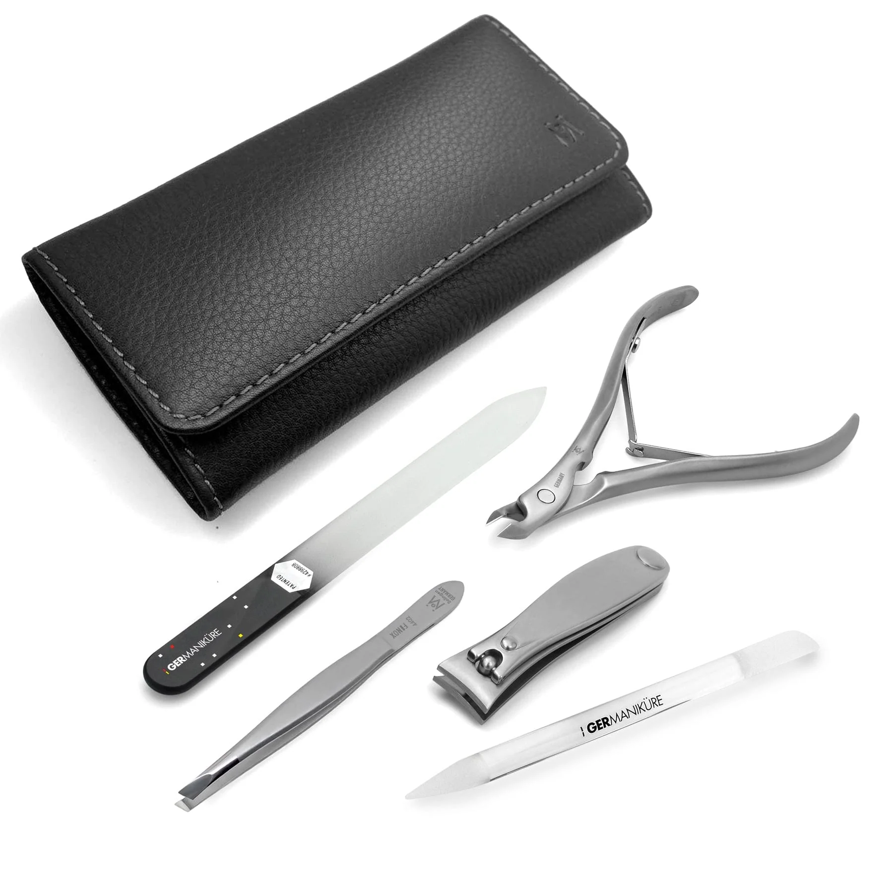 5 Piece Manicure Set: Nail Clipper, Cuticle Nipper, Slanted Tweezer, Glass Nail File and Cuticle Stick