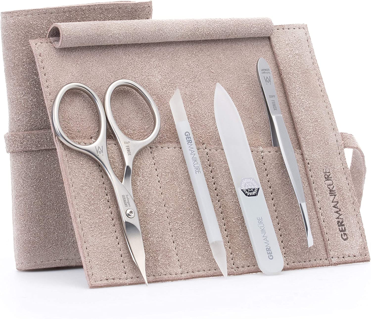 4pc Manicure Set Roll: Combination Scissors, Slanted Tweezer, Small Glass File, and Glass Stick
